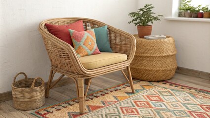 Poster - A charming corner is highlighted by a natural wicker chair embellished with an array of colorful cushions set against a backdrop of a beautifully woven kilim rug.