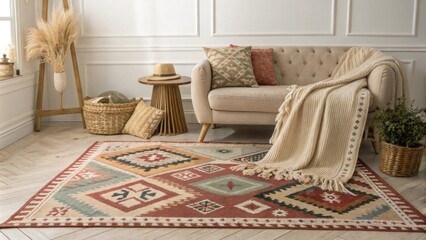 Aufkleber - A stylish interior space with a richly patterned kilim rug on the floor enhanced by a mix of daringly patterned throws and gentle wool textiles draped across furniture.