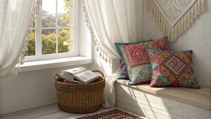 Poster - An inviting reading corner featuring a sunlit window draped with fringed curtains showcasing pillows in vivid hues and intricate designs while a woven basket holds an array