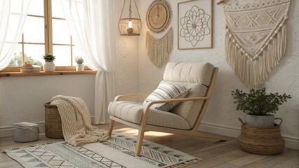 Poster - A relaxing corner with a sunlit window highlighting a comfortable lounge chair surrounded by an assortment of layered area rugs plush throws and textured wall hangings for a