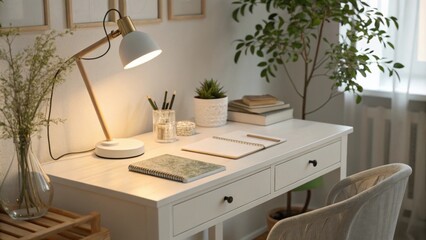 Poster - A tranquil office setup with a white desk bathed in warm light from a lamp accented by a delicate plant that enhances the serene atmosphere.