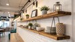 © DigitalSpace - A charming openplan setting featuring sleek floating shelves made of reclaimed wood accentuated by soft atmospheric lighting and retro metal decor elements exuding a