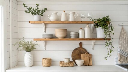 Poster - In this charming kitchen smooth white shiplap walls serve as a backdrop for stylish floating shelves displaying an assortment of delicate ceramic vases and rustic utensils.