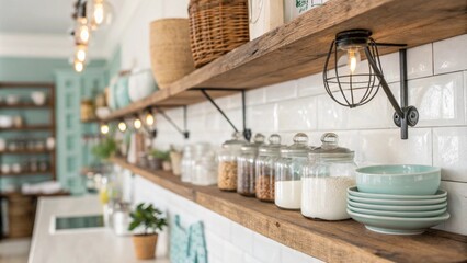 Poster - Airy kitchen space showcases rustic wood shelves lined with glass containers featuring a serene color palette and charmingly vintage metal light fixtures.