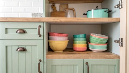 Poster - Stylish kitchen design highlights open wooden shelves displaying colorful utensils set against a gentle muted backdrop and augmented with aged metal s and pulls.