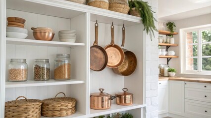 Poster - Shelving units without doors reveal carefully curated kitchen essentials accented by a beautiful arrangement of hanging copper pots as natural light creates an airy timeless