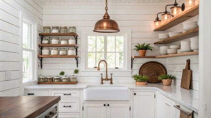 Poster - A picturesque cooking space with whitewashed walls a farmhouse sink and shelves lined with mason jars creating a cozy atmosphere enhanced by rich copper light fixtures.