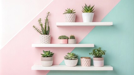 Poster - The modern interior boasts elegantly positioned floating shelves that blend seamlessly with pastelhued walls enhanced by delicate houseplants that bring life to the setting.