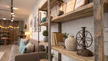 Poster - A stylish living space that combines aged wooden shelves and vintage metal decor with ambient lighting highlighting the textures and creating a relaxed atmosphere.
