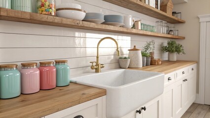 Poster - An aesthetically pleasing kitchen highlights smooth natural wood shelving lined with colorful vintage jars paired with a generously sized farmhouse sink that enhances the