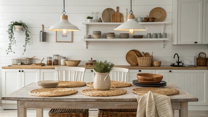 Poster - Cozy kitchen scene with a farmhouse table set beneath hanging pendant lights surrounded by woven placemats and rustic cookware displayed on open shelves adding to the charm.