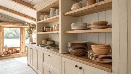 Poster - Open shelving showcases an array of earthytoned ceramic plates and bowls nestled in a charming kitchen filled with natural light with soft beige cabinetry and wooden beams