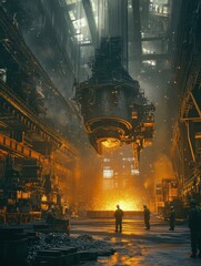 Poster - In an industrial hall, workers pour molten metal into casting molds as flames and sparks erupt from the channel. Generative AI