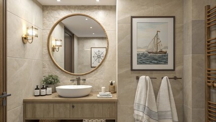 Poster - A soothing bathroom environment characterized by muted earth tones a prominent round mirror that expands the visual space and a lone nautical print that adds a touch of