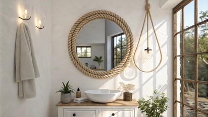 Poster - The bathroom showcases a serene aesthetic with smooth white walls that reflect the natural light while a textured rope mirror serves as a focal point. Warm soft lighting