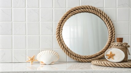 Aufkleber - A peaceful setting with smooth white tiles throughout a prominent round mirror with a rustic rope border and a single decorative seashell resting on a minimalist surface.