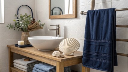 Leinwandbilder - The bathroom showcases a contemporary sink with a minimalist design paired with a rich navy towel draped on a rack and a charming ceramic shell displayed beside it.