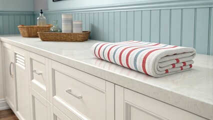 Poster - The image captures a minimalist setting where a smooth lightcolored countertop stands out while a bold striped towel lies nearby. The soft pale blue accent wall provides a