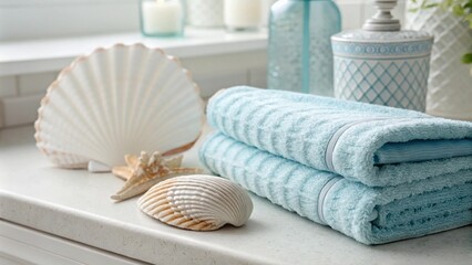 Poster - An elegant bathroom design with a focus on simplicity displaying a neatly arranged soft blue towel and a textured ceramic shell under soothing soft lighting.