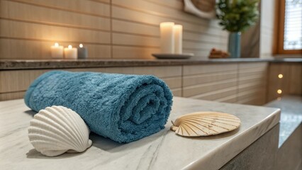 Poster - The interior of a minimalist bathroom showcasing a calming palette where a plush blue towel rests on a smooth surface beside a simple ceramic shell enhanced by warm soft