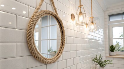 Poster - A bright and airy space characterized by pristine white tile walls a stylish rope mirror reflecting the soft glow from carefully positioned light sources embodying a