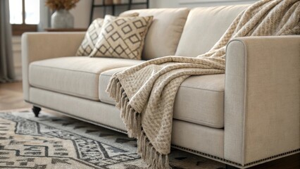 Aufkleber - An inviting minimalist living space showcasing a neutraltoned sofa draped with a soft textured throw complemented by a patterned area rug that ties the room together.