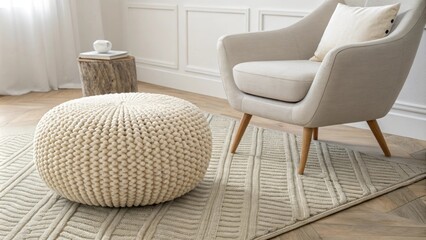 Poster - The space features a distinctive tactile pouf beside a streamlined armchair both positioned on a stylish woven rug that enhances the overall warmth of the room.