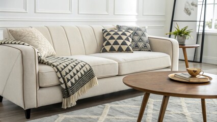 Aufkleber - A refined living room characterized by a modern soft sofa accompanied by a contrasting geometric throw highlighted by a simple smooth wooden table that maintains the
