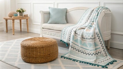 Poster - A charming seating arrangement with a strikingly designed blanket artfully laid over an elegant seat a rustic woven ottoman positioned in front and a smooth clean area rug