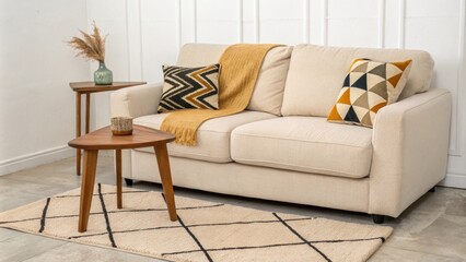 Poster - In a modern minimalist setting a plush beige sofa showcases a bold geometric throw in contrasting colors. The room is anchored by a small unobtrusive wooden table set atop a