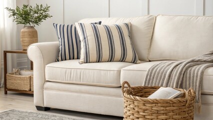 Poster - A welcoming living area showcasing a chic neutral sofa highlighted by a bold striped throw pillow alongside a subtle woven basket that enhances the rooms contemporary