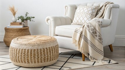 Poster - An inviting seating area features a handwoven ottoman alongside a crisp white armchair accented by a cozy blanket displaying a subtle geometric design offering a warm and