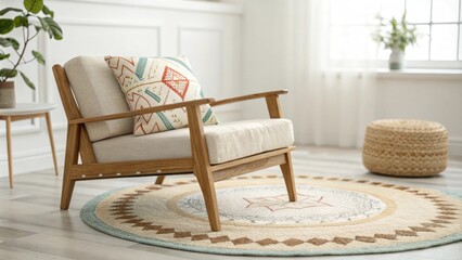 Poster - A bright room highlighted by a simple rug design accented with a comfortable throw pillow alongside a refined wooden chair adding warmth to the space.