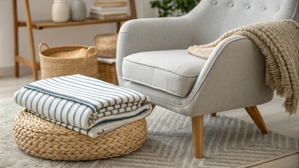 Aufkleber - A stylish reading nook displays a striped blanket folded neatly on a comfy armchair paired with a plush area rug that enhances comfort and a woven pouf that serves as a