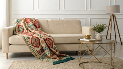 Poster - A calming living room design with a simple beige couch draped with a vibrant patterned throw and an elegant uncomplicated coffee table nearby.