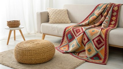 Poster - An inviting nook designed with a colorful patterned blanket spread across a minimalist couch a handmade woven ottoman nearby and a soft beige area rug enhancing the overall