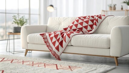 Poster - A contemporary living room setting displays a cleanlined sofa adorned with a bold geometric blanket and a soft textured rug that adds warmth to the floor.