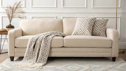 Aufkleber - The inviting space showcases a tastefully arranged sofa with a subtle geometric throw blanket accent positioned atop a soft textured rug that enhances the cozy atmosphere.