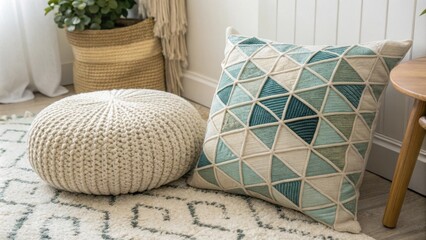 Poster - A cozy corner adorned with a unique geometric cushion p next to a casual woven pouf set against a backdrop of a delicate calming area rug that emphasizes simplicity.