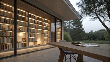 Aufkleber - A tranquil interior setting with expansive builtin bookshelves b with books a clean and modern wooden table and subtle warm lighting that fosters a peaceful and attentive