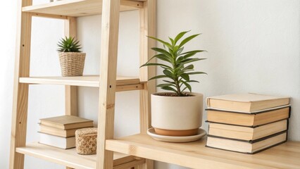 Poster - An airy interior with light wooden shelves showcasing a single vibrant plant at the center surrounded by books stacked odically for an uncluttered look.