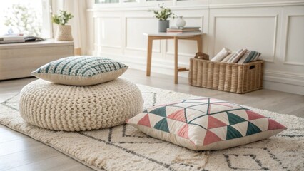 Aufkleber - A spacious neutraltoned room features a striking geometric cushion layered on a plush minimalist rug with a handcrafted woven pouf nearby creating a harmonious blend of