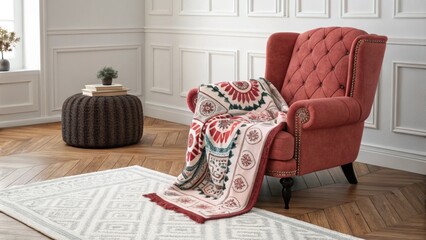 Poster - A cozy mixedstyle living room where a bright patterned blanket contrasts with the deep tones of a sumptuous armchair while a gentle textured rug adds comfort and warmth to
