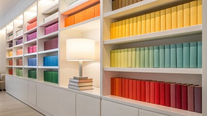 Poster - Brightly lit shelves in a minimalist library showcasing neatly stacked books arranged by color complemented by a soft glow from a delicate lamp.