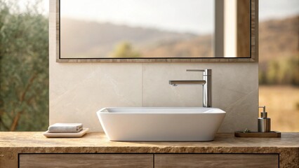 Aufkleber - A tranquil bathroom scene featuring a large rectangular mirror mounted above a stylish sink a streamlined faucet and warm neutraltoned tiles that evoke a sense of simplicity