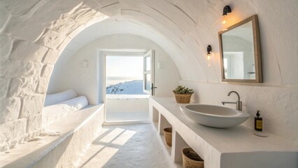 Aufkleber - The space showcases pristine white surfaces that enhance the airy feel illuminated by gentle sunlight filtering through a nearby window. A modern single basin stands out