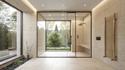 Aufkleber - A contemporary shower space highlighting a frameless design that invites natural light paired with polished neutral tiles that create a clean and serene environment.