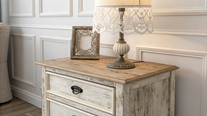 Poster - A calming minimalist space includes a charming wooden nightstand with a weathered finish accentuated by a classic lace lampshade that adds a touch of elegance to the
