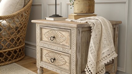 Poster - An aesthetically pleasing arrangement of a worn wooden nightstand showcasing intricate lines accompanied by a light airy lace throw framed by a serene palette of muted earth