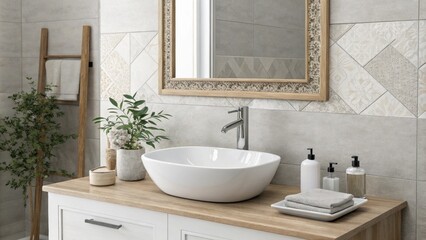 Poster - A contemporary bathroom design highlighted by a basin devoid of embellishments paired with a frameless mirror that adds depth all set against a wall of subtle gray tiles.